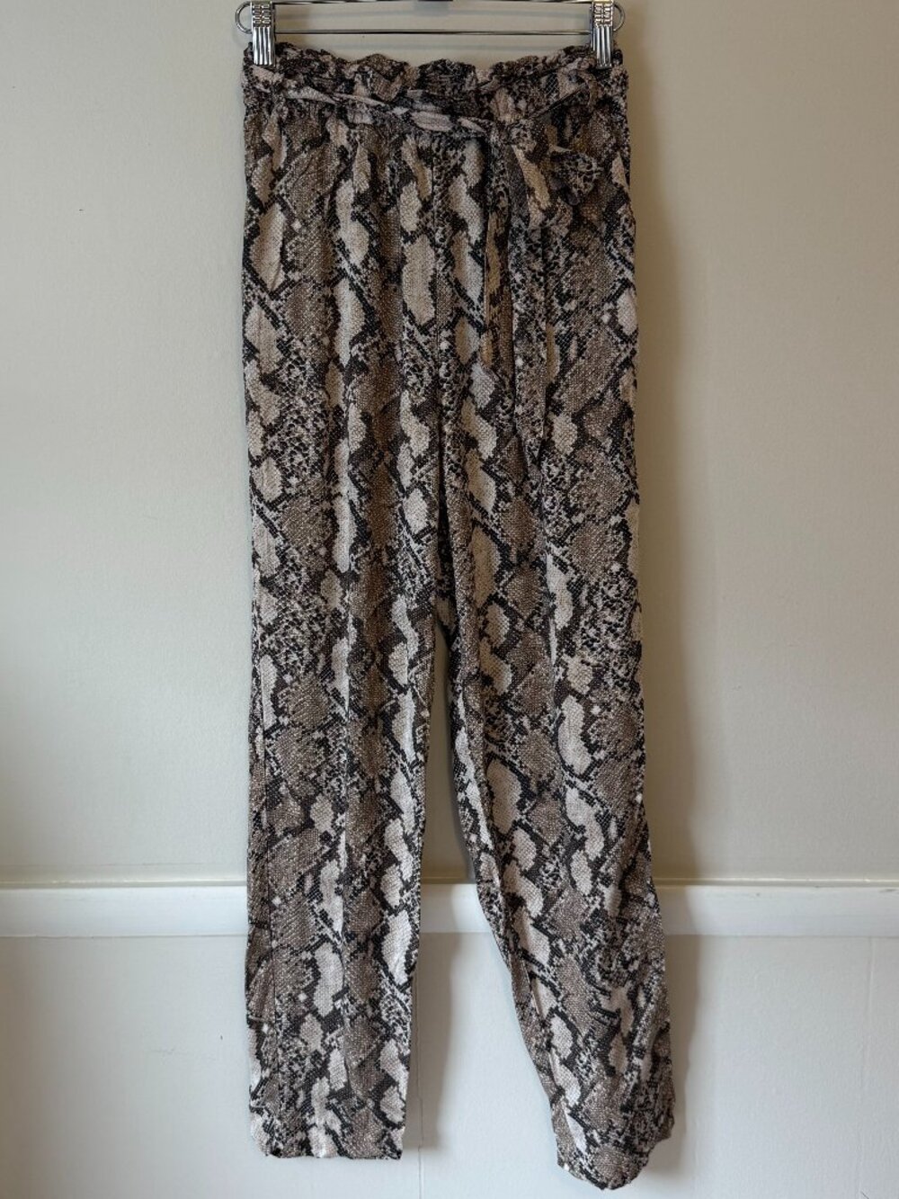 H&M Pants Womens Snake Print Pants Size 2 Brown Paperbag Waist Tie Belt Tapered